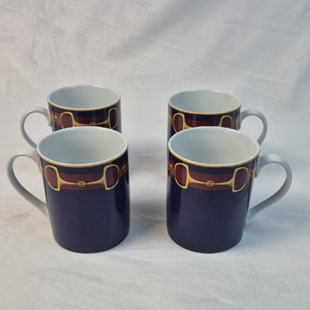 Vintage Lauren Ralph Lauren Mugs SADIE Equestrian Horse Bit Buckle Blue QTY 4
